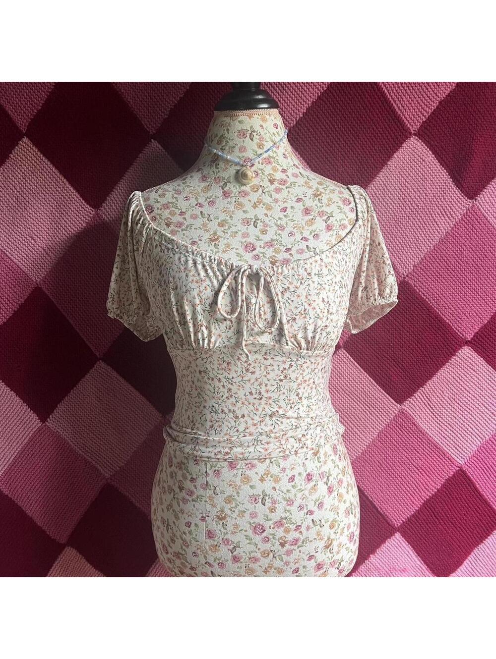 Pink floral milkmaid puffy sleeve blouse top